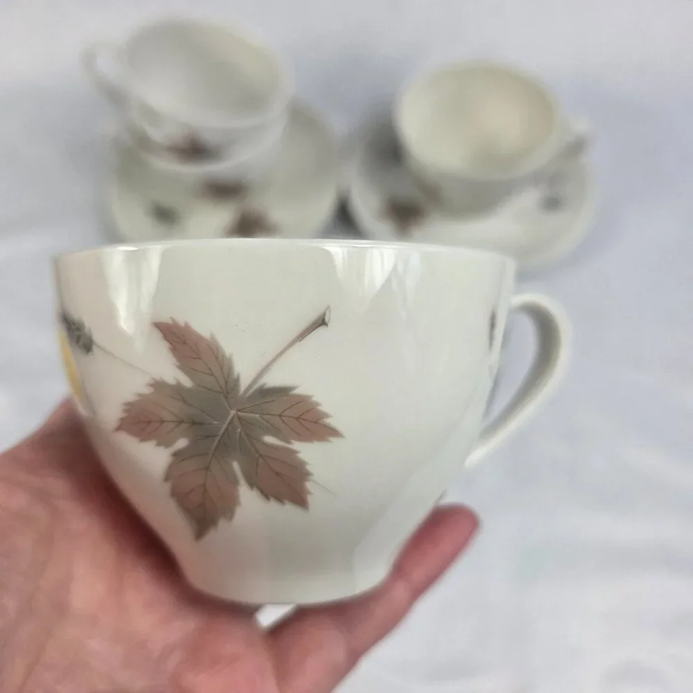 FOUR Royal Doulton Tumbling Leaves Cup & Saucer Sets Gray & Pink Leaves